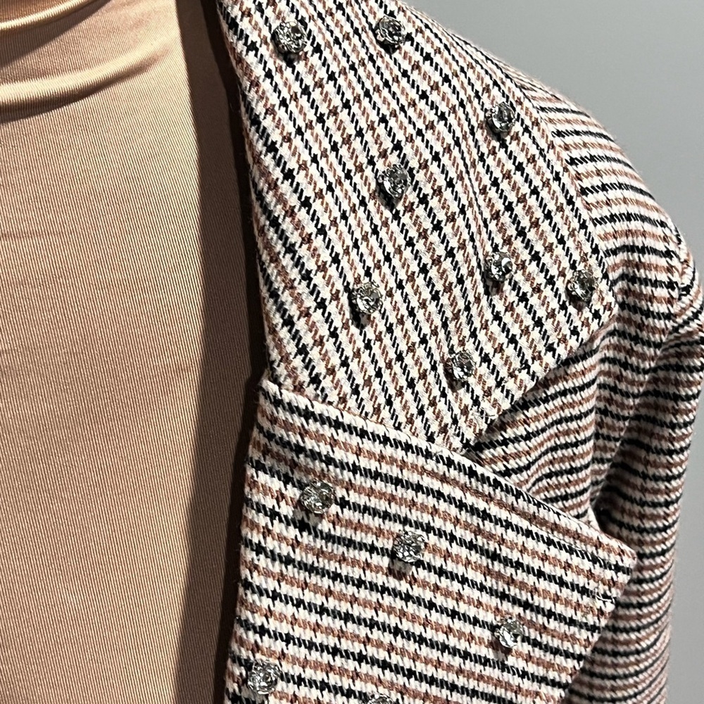 VENUS Houndstooth Longline Trench Coat Chic Neutral Plaid Jacket - Picture 6 of 12